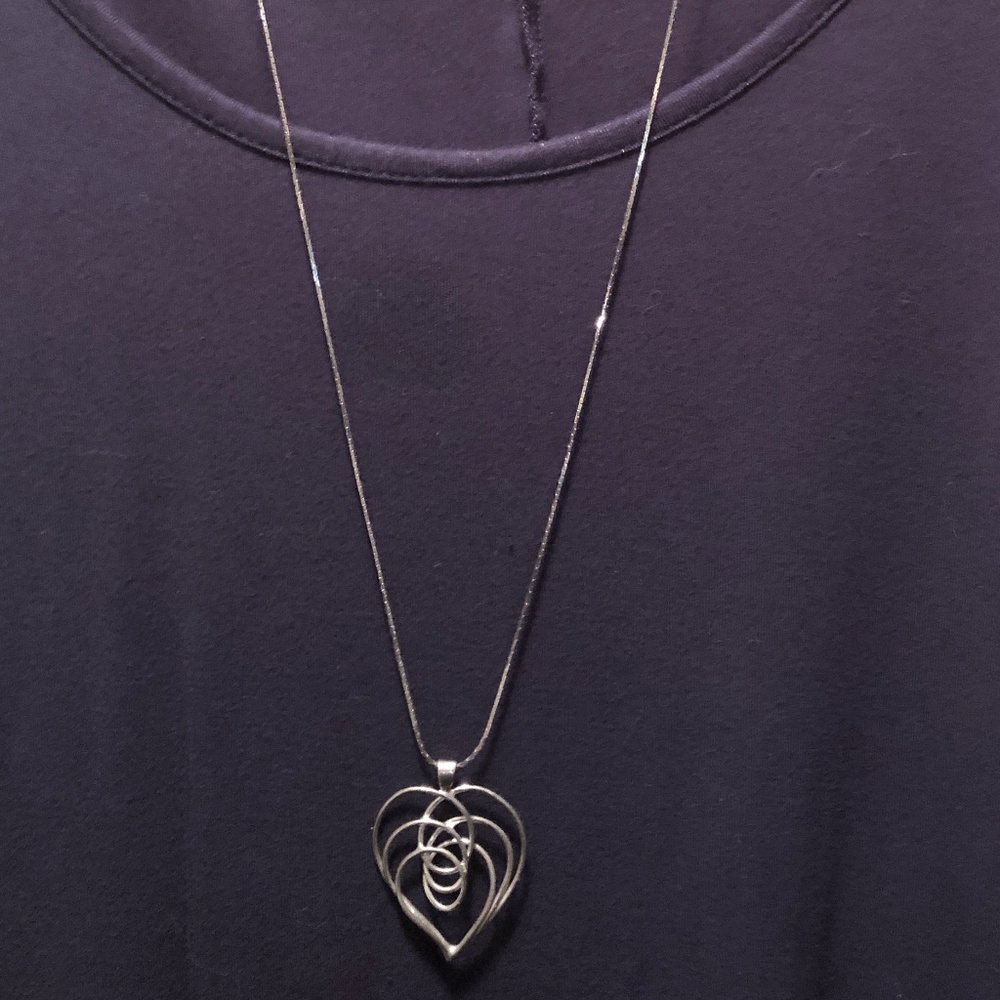 28” Silver Tone Triple Heart Pendant Necklace Long Chain Swirl